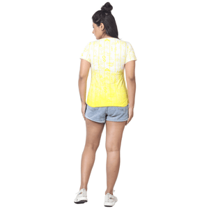 Women Round Neck All Around Print Yellow & White Cotton T-shirt