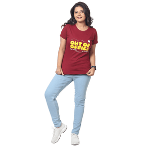 Women Round Neck Maroon Out Of Office Cotton T-shirt