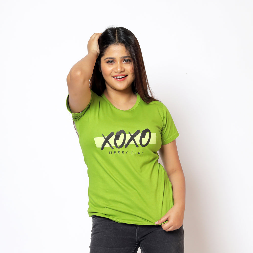 Women Round Neck Green XOXO Messy Girl Cotton T-shirt