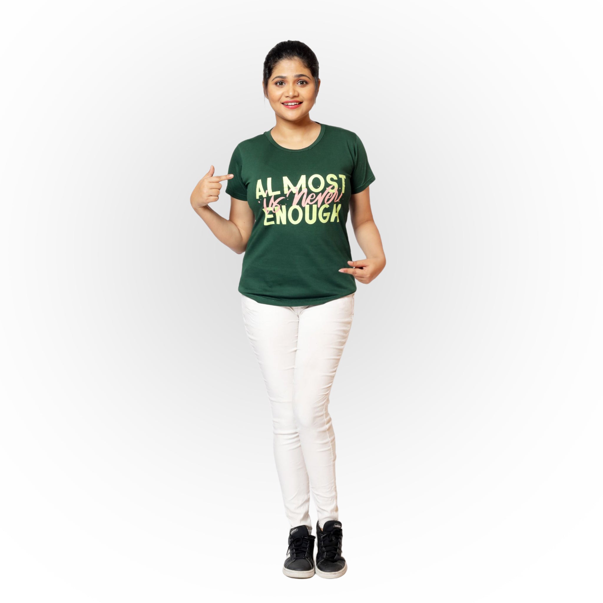 Women Round Neck Bottle Green Almost Is Never Enough Cotton T-shirt – MISKA  CLOTHING
