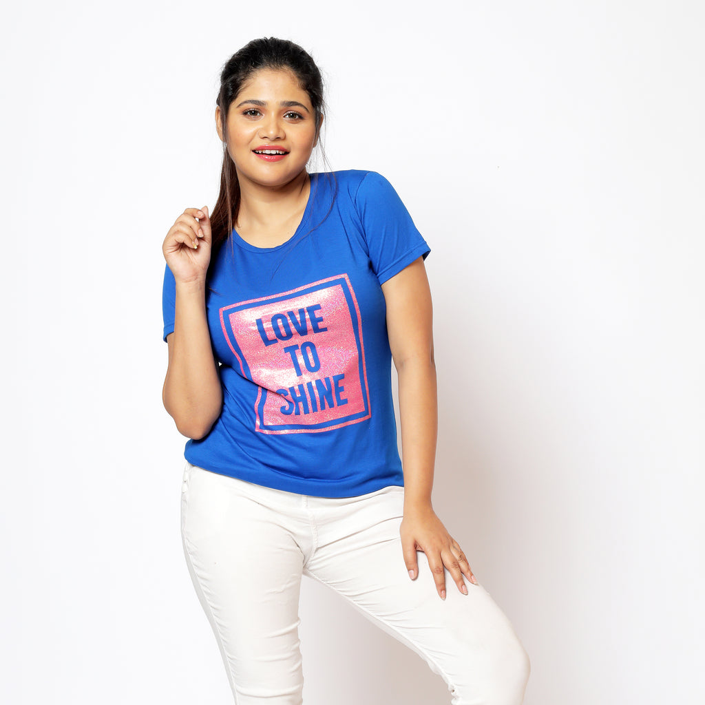 Women Round Neck Royal Blue LOVE TO SHINE Cotton T-shirt
